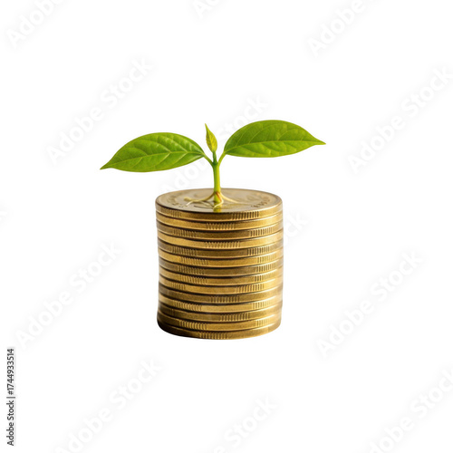 Financial Growth Concept Green Plant Sprouting from Stack of Gold Coins