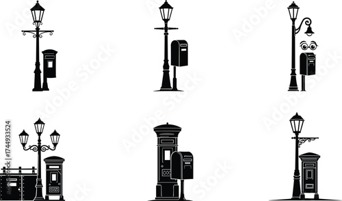 vintage, street, lamp, silhouette, mailbox, lantern, decorative, pole, urban, outdoor, illumination