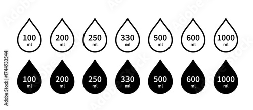 Water capacity icons set. Liquid volume symbol from 100 to 1000 liters. Water drop line icon. Fluid volume. ML sign. Scale for liquid or ingredient. Vector illustration isolated on white background.