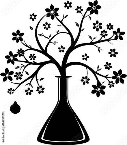 Laboratory flask transforming into a blooming tree black Silhouette  , white background 