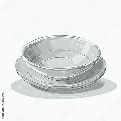 Stack of clear glass bowls and plates on a white background, minimalist design