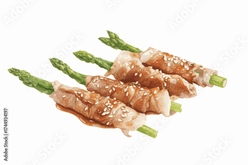 Glazed Bundles Asparagus Wrapped in Teriyaki Pork isolated watercolor vector illustration svg