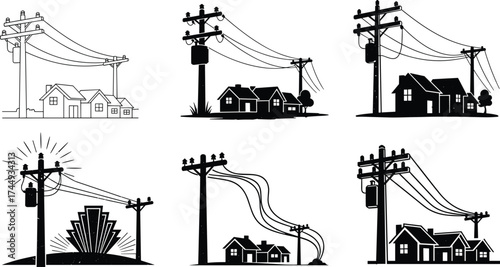 residential, house, silhouette, utility, pole, transformer, power, line, electricity, distribution, infrastructure, grid