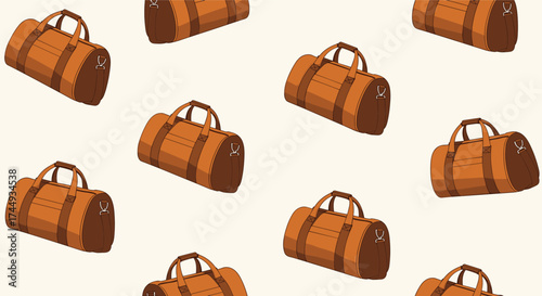 A repeating pattern of brown duffel bags for travel.