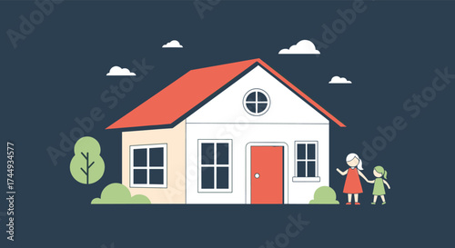 A young girl and a small boy stand in front of their cozy house. 