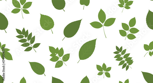 A repeating pattern of green leaves on a white background.