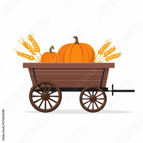 Rustic Wooden Cart Loaded with Autumn Pumpkins and Golden Wheat Stalks, Symbolizing Bountiful Harvest Season