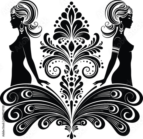 PrintTwin women silhouette, symmetrical design, floral motif, decorative art, black and white illustration, feminine elegance, vector style, cultural symbolism, zodiac inspired