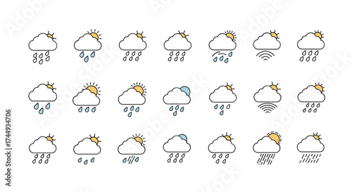 Collection of weather forecast icons featuring clouds sun and rain.