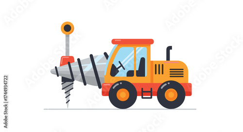 Construction vehicle with a large drill attachment moving forward.