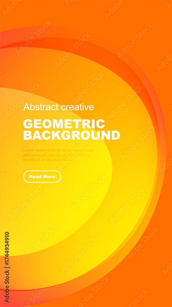 Fototapeta premium Bright abstract design. Orange, yellow hues blend into black space. Text reads geometric background, button visible.