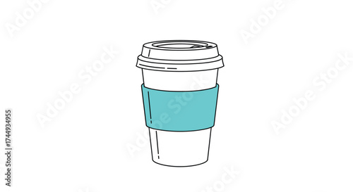 A stylish disposable coffee cup with a teal sleeve for a comfortable grip.