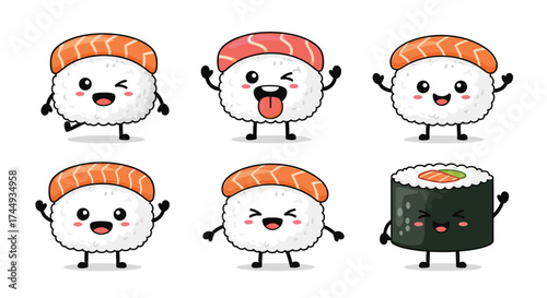Six adorable kawaii sushi characters with happy expressions and arms raised in greeting.