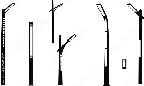 modern, street, light, lamp, silhouette, pole, fixture, urban, outdoor, illumination, electricity, infrastructure, city, night, architecture, design, vector, illustration, public, lighting, equipment