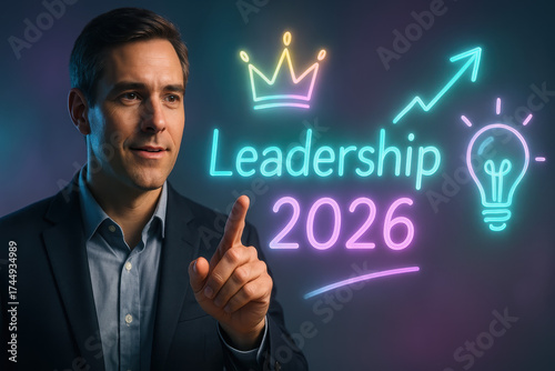 Visionary Leadership: A modern professional projects confidence and vision, with a vibrant graphic symbolizing growth and innovation, looking towards the future.