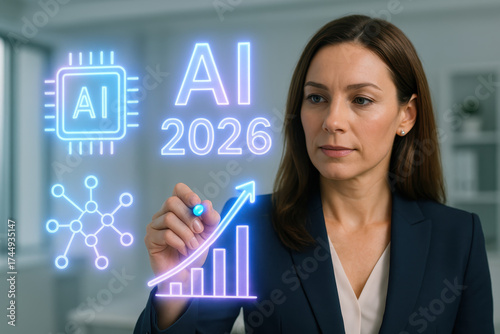 The visionary's touch: A poised executive paints a vision for the future, illuminating with AI-driven innovations, growth, and the promises of the year 2026.