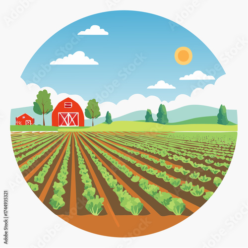 Idyllic Farm Scene Red Barn, Fields, and Blue Skies in Circular Design