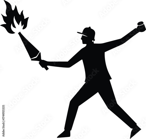  flaming bottle, a Molotov cocktail. It's a revolution captured in a black and white stencil vector art.