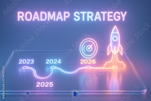 Strategic Roadmap Visualization: Dynamic presentation showcases a modern business roadmap. It illuminates strategic planning for the future, with a futuristic launch concept.