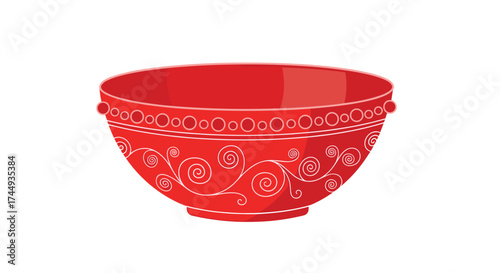 A vibrant red ceramic bowl with decorative swirls and beaded rim.