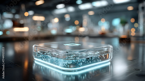 Transparent glasses of champagne and water on a clean table suggesting a blend of laboratory research and elegant drink culture