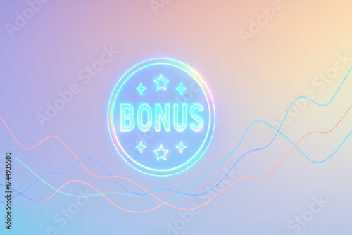 Bonus Icon and Wavy Lines Illustration: A neon bonus icon shines brightly amidst a colorful and modern background, accompanied by dynamic wavy lines. This design signifies reward and promotion.