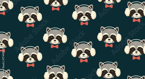 Cute pixel art raccoons wearing earmuffs and bowties pattern.