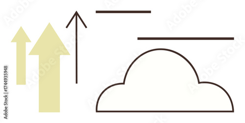 Abstract arrows pointing upwards next to a simple cloud outline suggesting progress, innovation, or growth. Ideal for technology, sustainability, development, business strategy, upward momentum