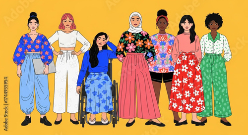 International Women's Rights Day Diverse Women in Colorful Outfits, Urban Setting, Digital Illustration, Vibrant Background