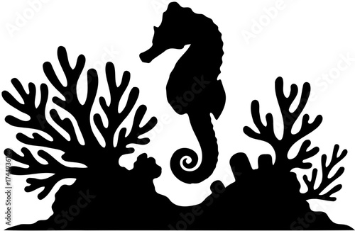 Seahorse and Coral Reef Black Silhouette Vector Scene