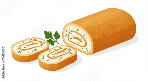 Savory cheese and herb roll with slices on white background  