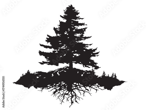 Beautiful Fir Tree Silhouette with Roots in Natural Harmony