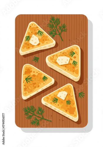 Triangle-shaped cheese blini with herbs on wooden board  