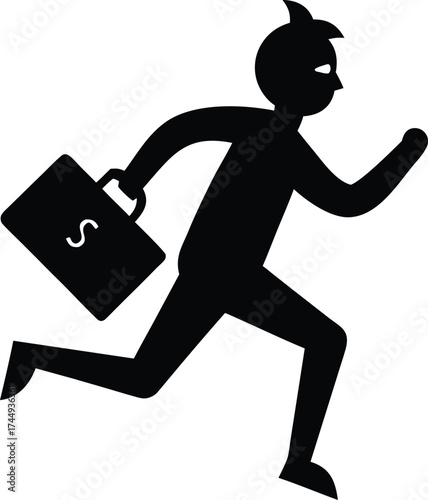  a thief running with a briefcase containing a dollar sign silhouette vector.