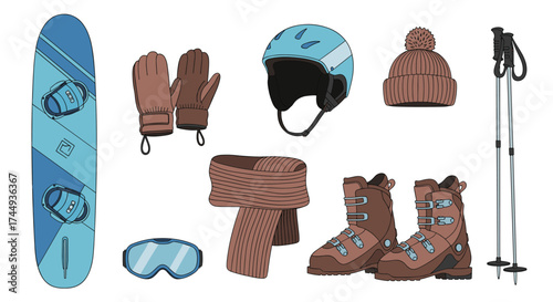 Collection of winter sports equipment laid out for outdoor activities.