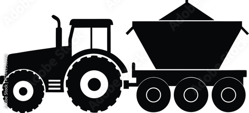 a tractor towing a seed drill with bins and planting tubes silhouette vector.