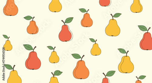 A delightful pattern of various pears in warm colors.
