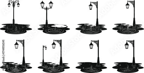 vintage, street, lamp, silhouette, lantern, ornate, decorative, pole, puddle, rain, reflection, urban, outdoor, illumination, electricity, architecture, design, vector, illustration, public, lighting