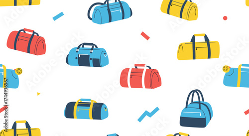 A colorful collection of duffel bags and gym bags on a white background.