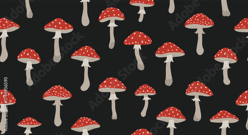 A seamless pattern featuring red and white spotted mushrooms on a dark background.