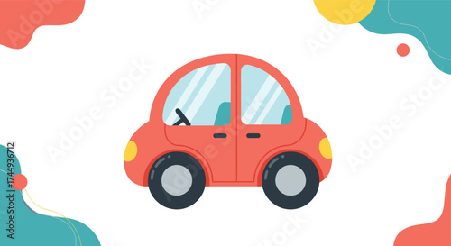 A cheerful cartoon car in a playful abstract background.