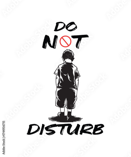 A boy standing alone with a do not disturb sign isolated on white background
