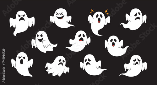 A collection of spooky ghosts with various expressions on a dark background.