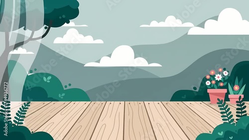 A serene outdoor space with a wooden deck overlooking a peaceful mountain landscape and lush green foliage illustration