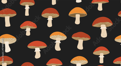 A seamless pattern of various colorful mushrooms in a whimsical forest setting.