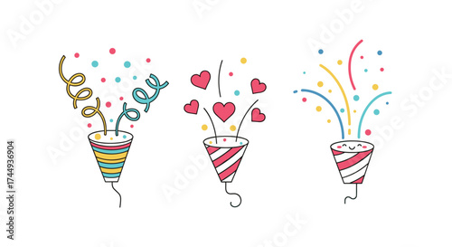 Celebration poppers with confetti and hearts erupting.