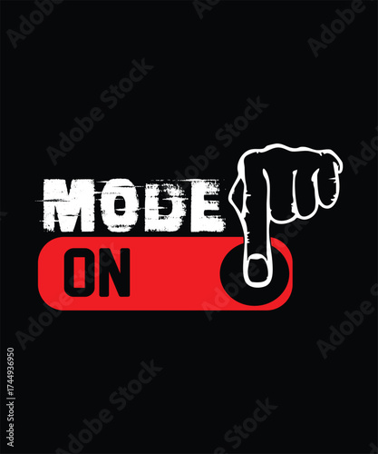 Mode on with finger pressing the button in a white and red illustration
