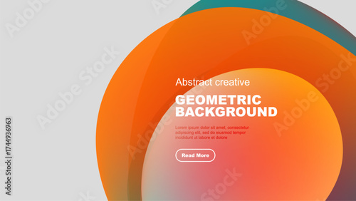 Abstract design features overlapping colorful circles. Text reads geometric background, includes sample text, button. Simple, modern aesthetic.