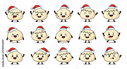 Cute christmas dumplings with santa hats and happy faces.