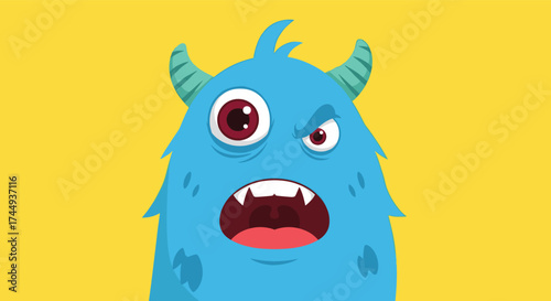 A cartoon blue monster with big eyes and sharp teeth is showing anger and frustration.
